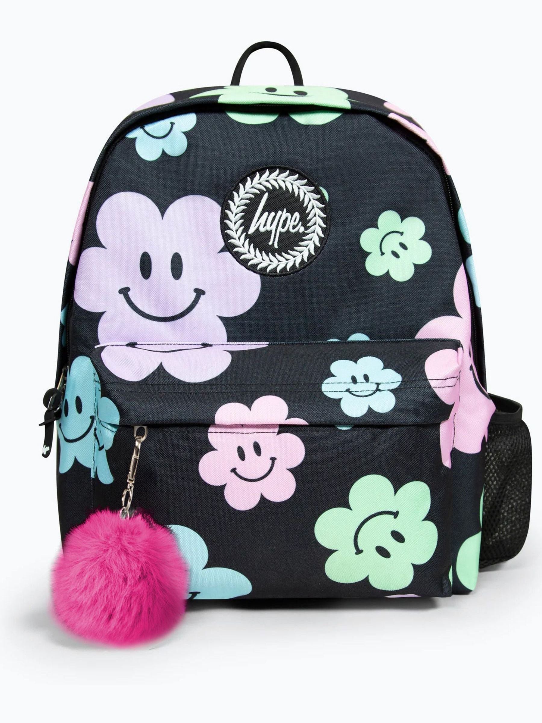 Hype black Happy Flower backpack for girls, imported from the UK