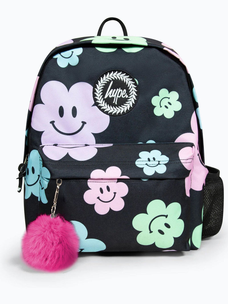 Hype black Happy Flower backpack for girls, imported from the UK
