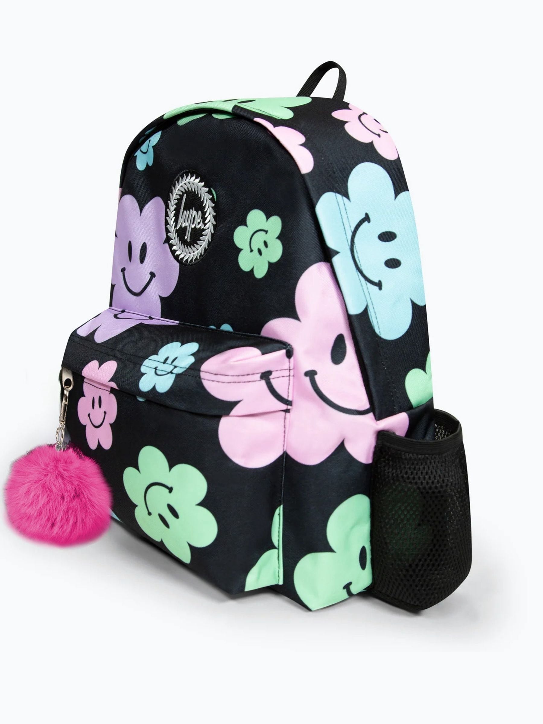 Hype black Happy Flower backpack for girls, imported from the UK
