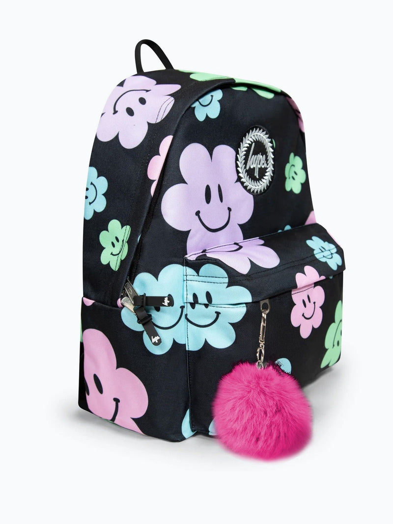 Hype black Happy Flower backpack for girls, imported from the UK