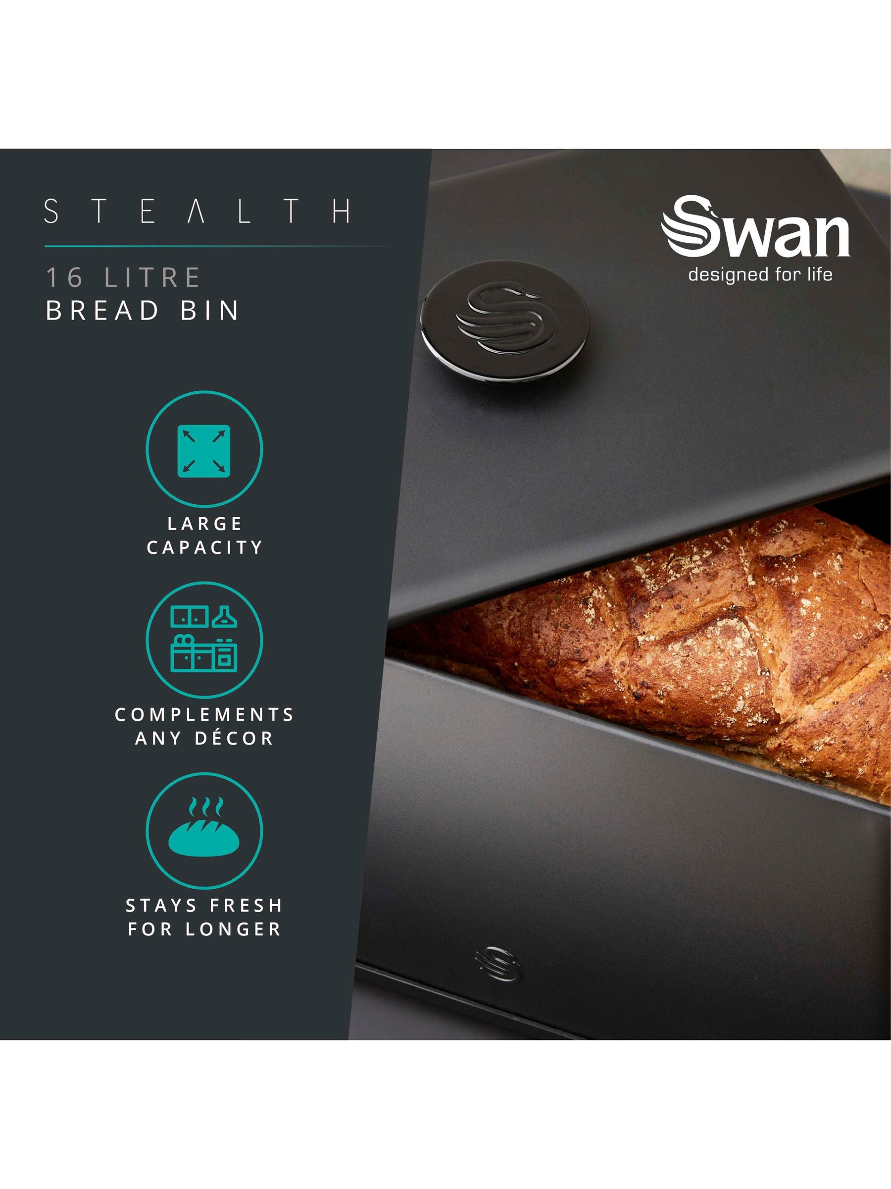 Swan Black Stealth bread bin 16L (British brand)