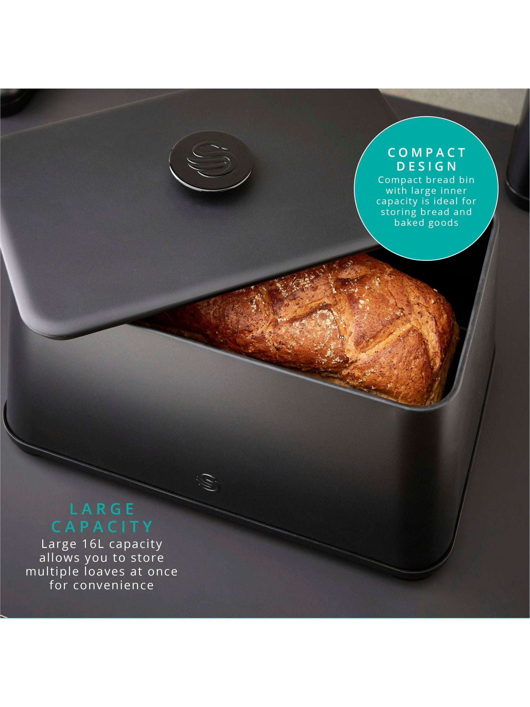 Swan Black Stealth bread bin 16L (British brand)