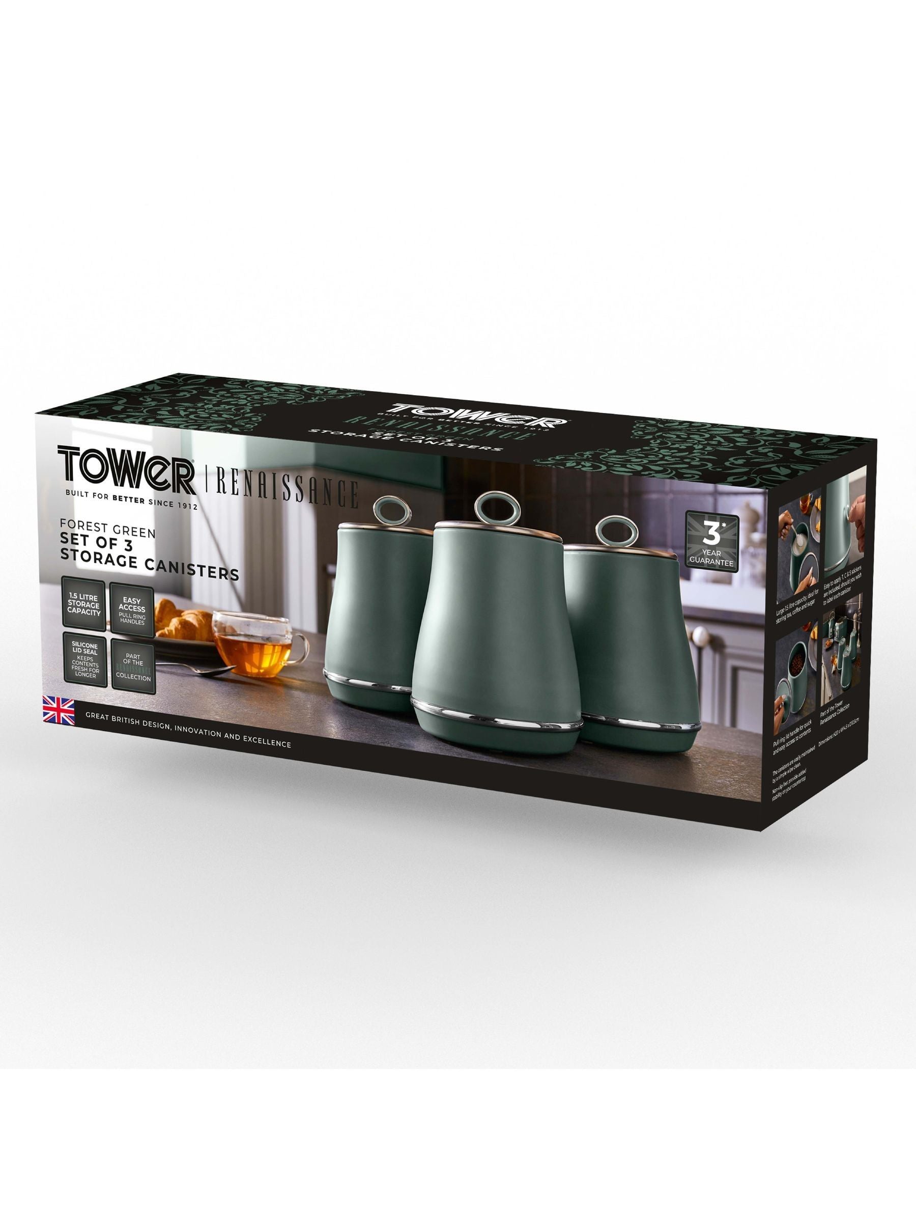 Tower green storage canisters set of 3, imported from the UK