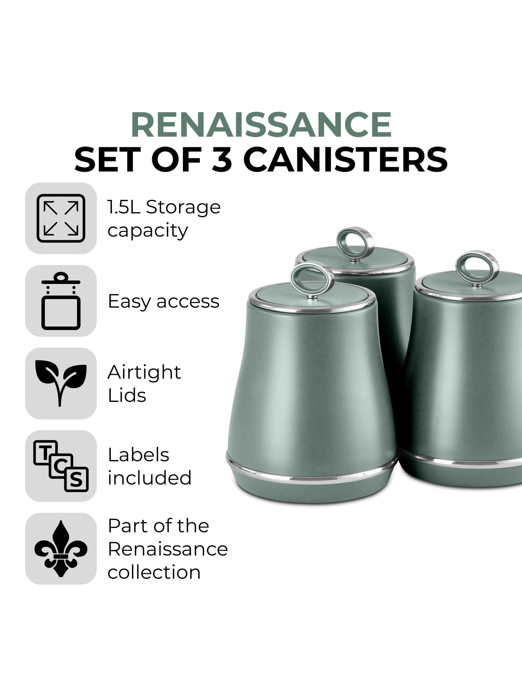 Tower green storage canisters set of 3, imported from the UK