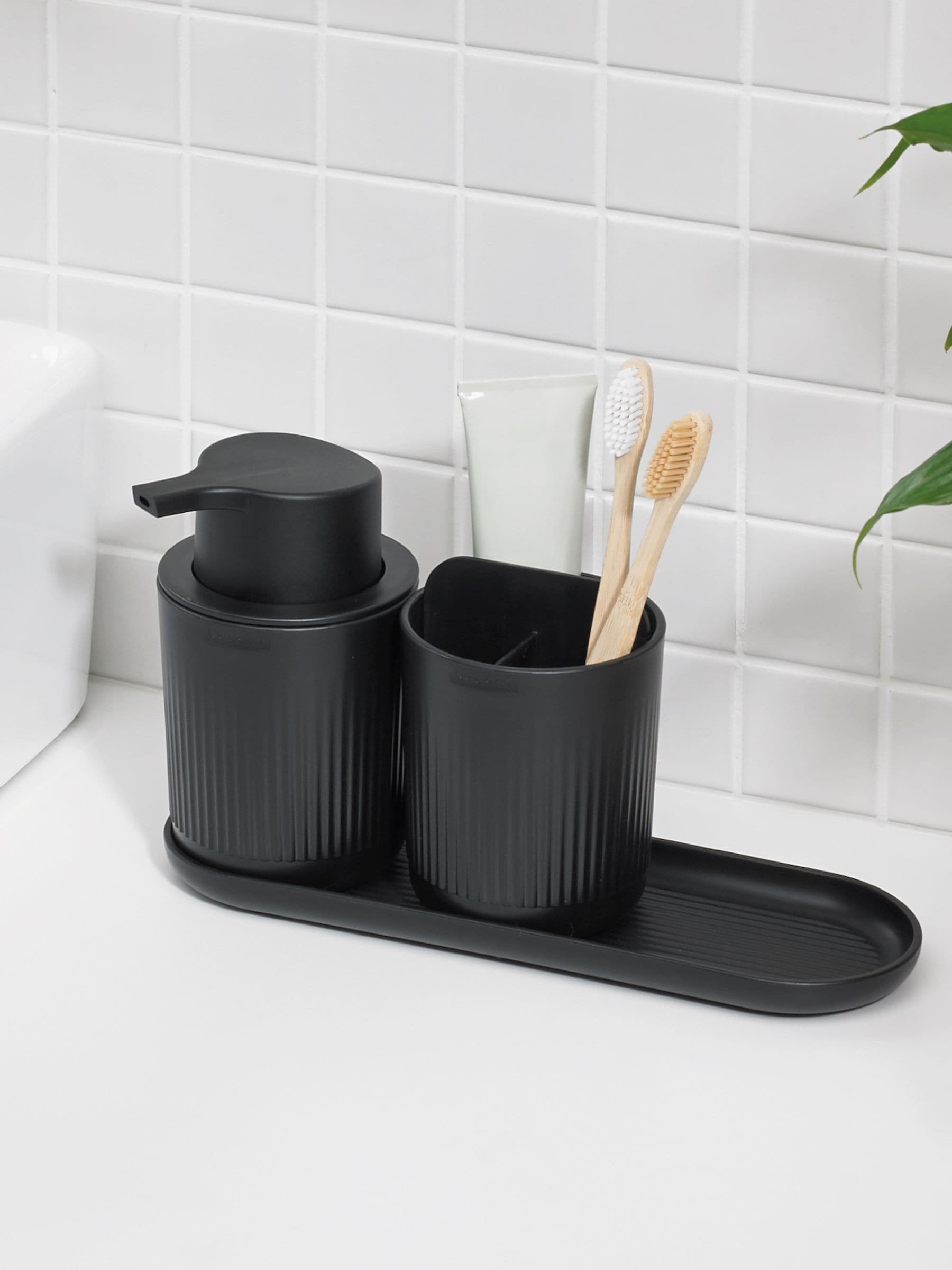 ReBorn Graphite Black toilet brush and soap dispenser bathroom set, imported from the UK