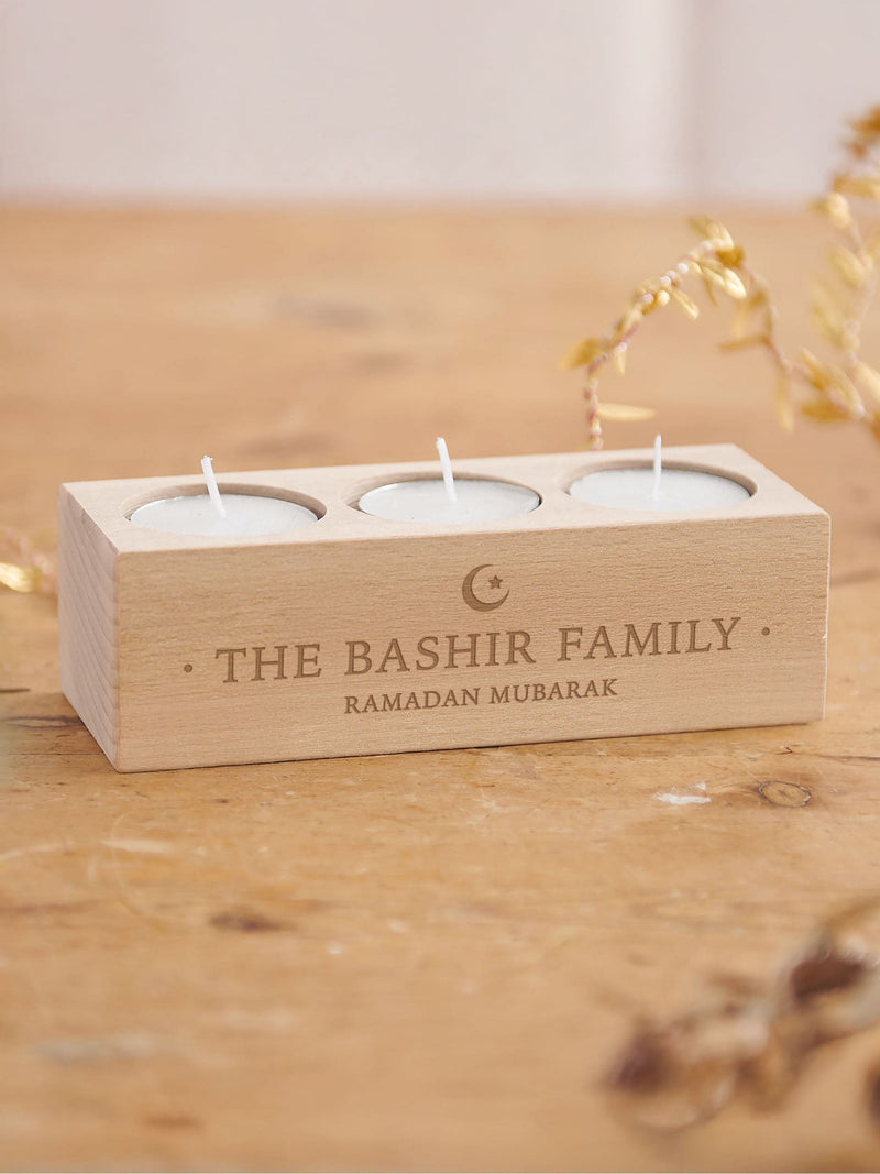 No Ordinary Gift personalised Ramadan and Eid wooden tealight holder 15x5.5x4.5cm, imported from the UK