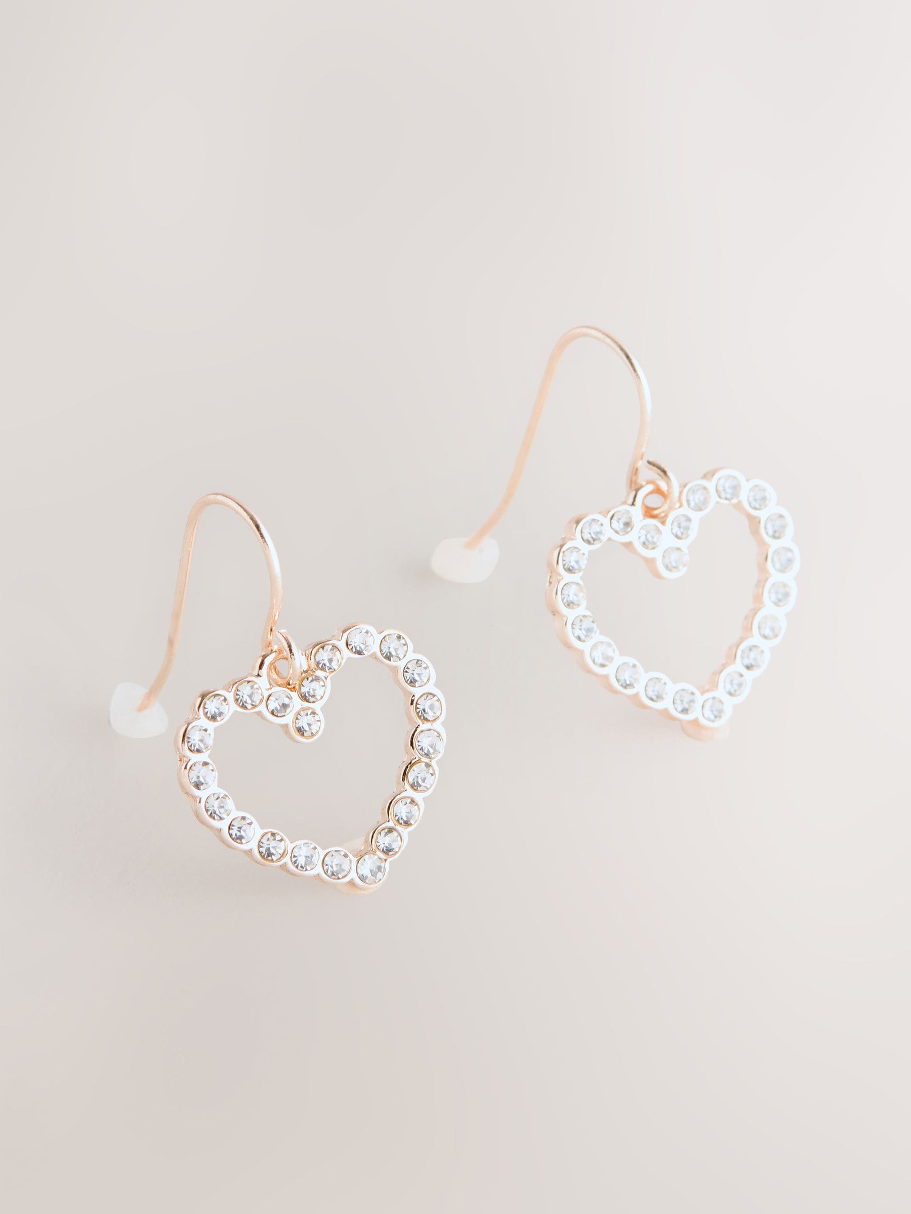 Rose gold tone pavé heart drop earrings, imported from the UK