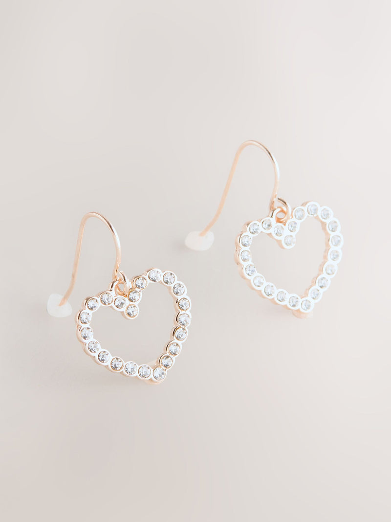 Rose gold tone pavé heart drop earrings, imported from the UK
