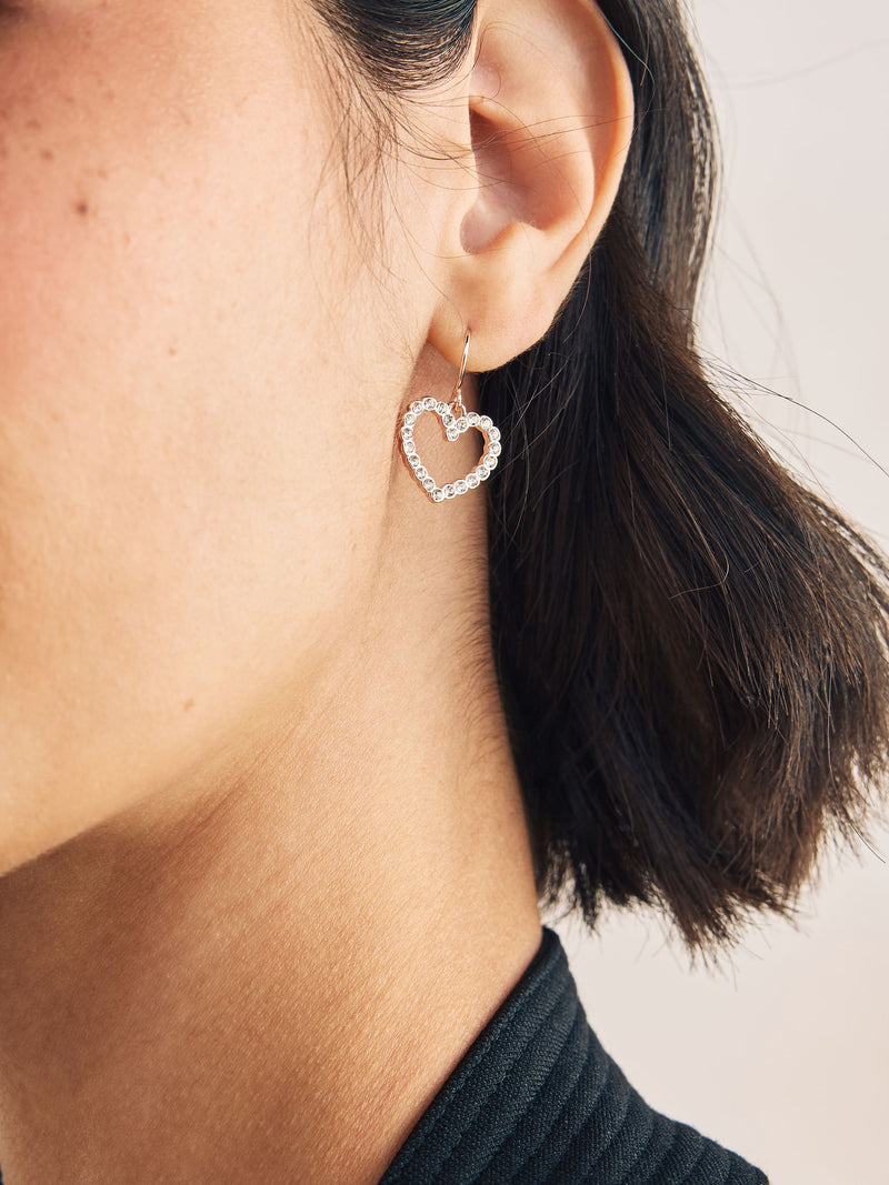 Rose gold tone pavé heart drop earrings, imported from the UK