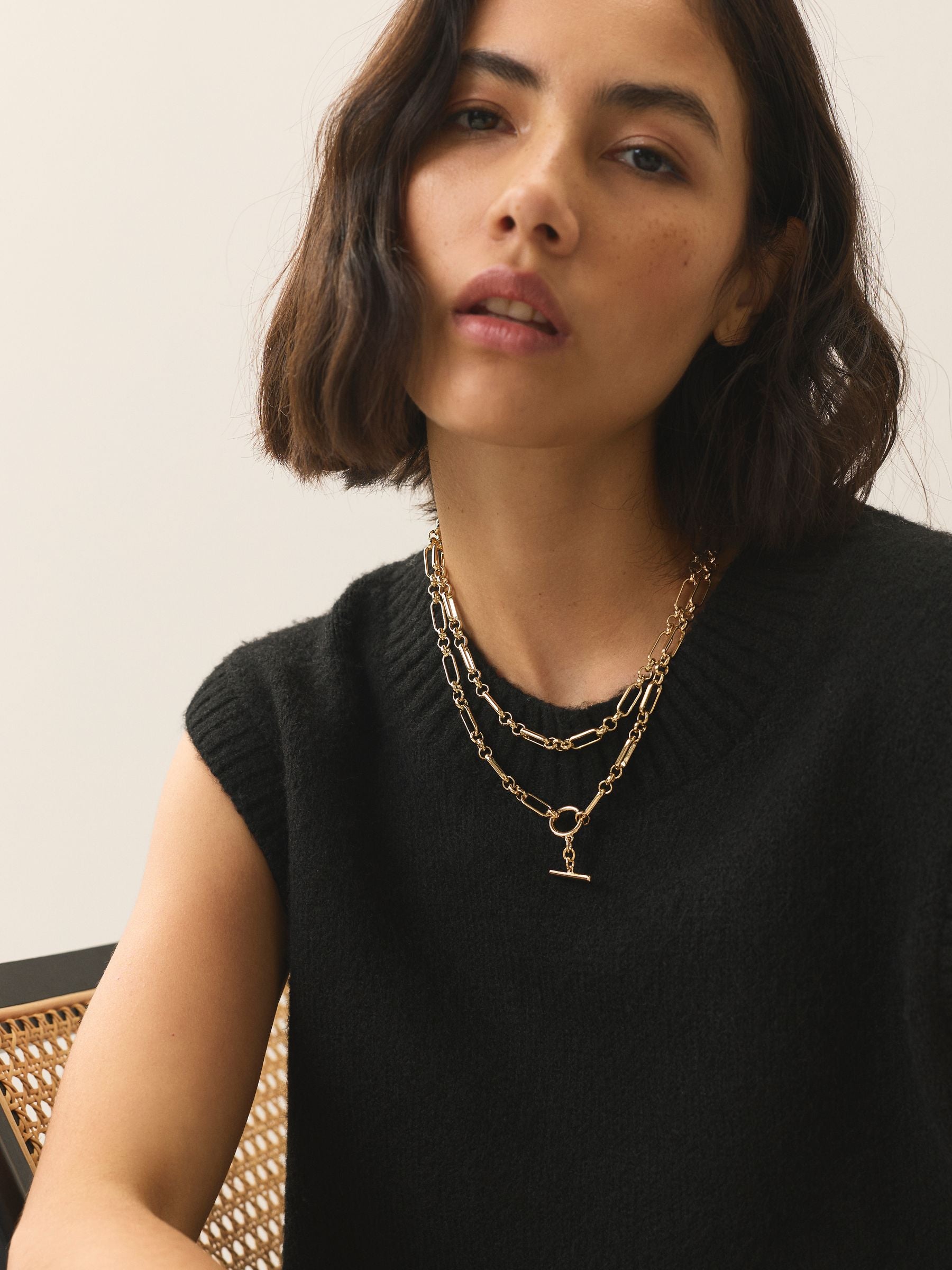 Gold tone layered T-bar chain necklace (British brand)