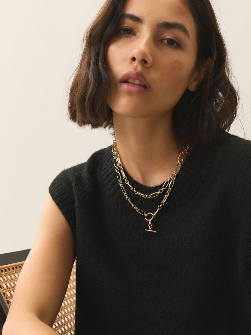 Gold tone layered T-bar chain necklace (British brand)