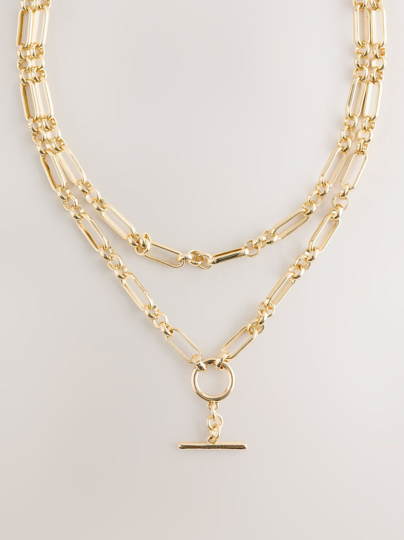 Gold tone layered T-bar chain necklace (British brand)