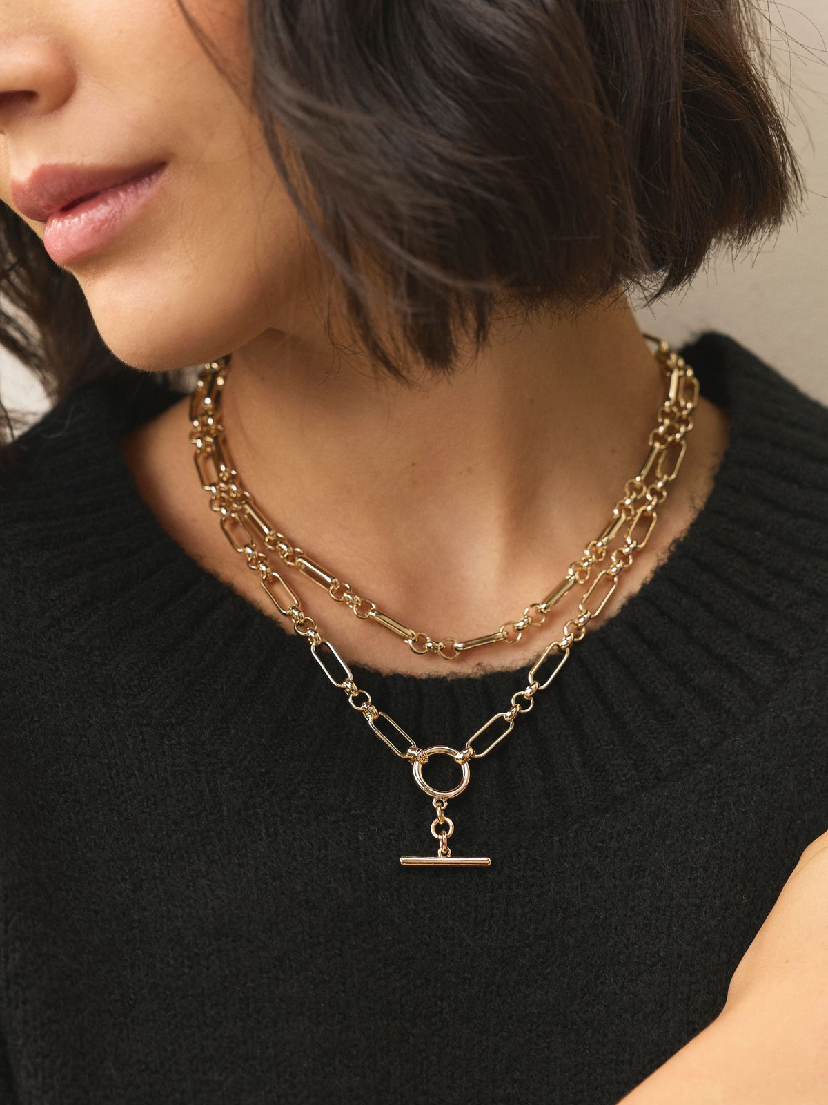 Gold tone layered T-bar chain necklace (British brand)