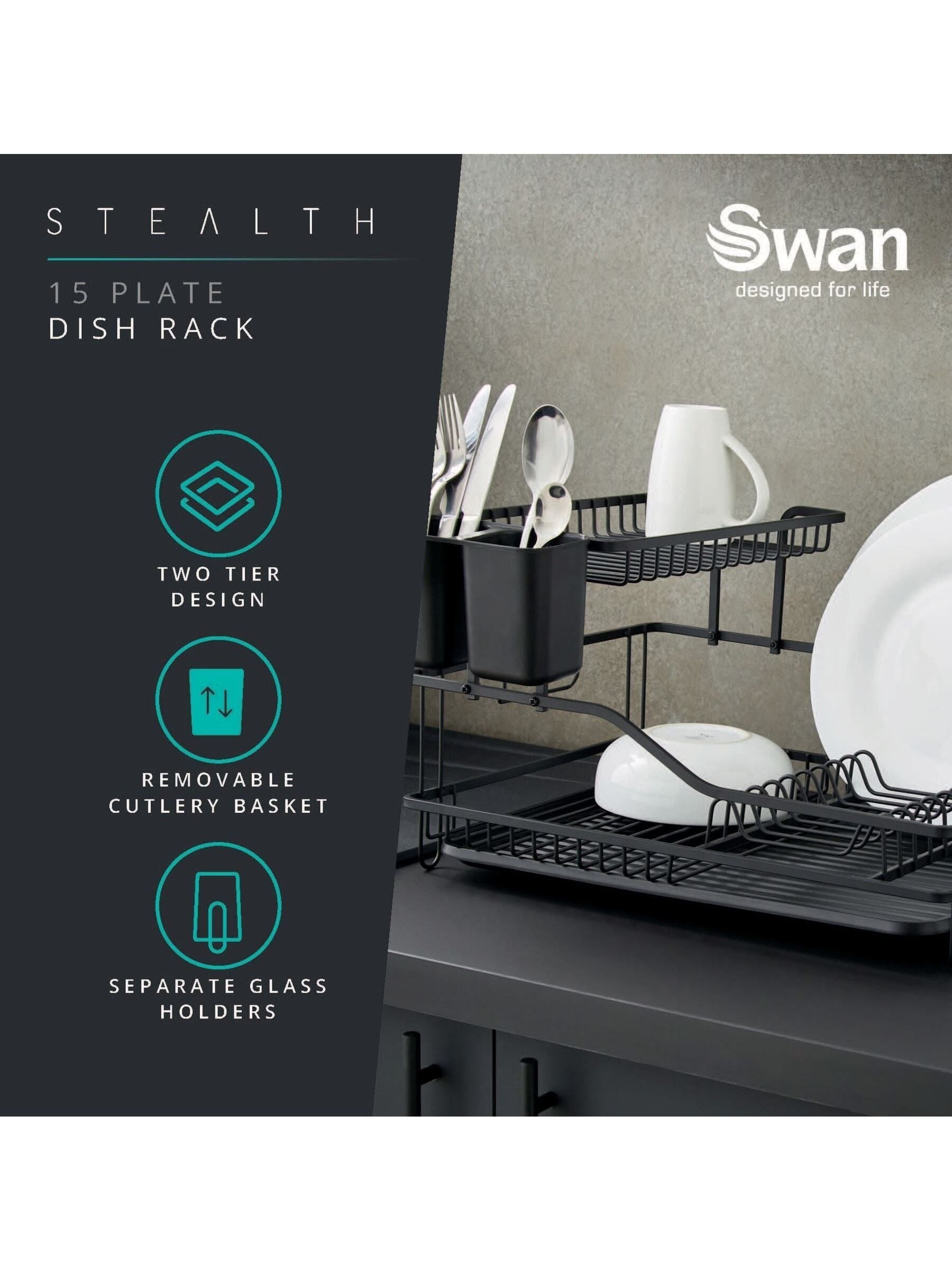 Swan black 15 plate dish rack with cutlery holder (British brand)
