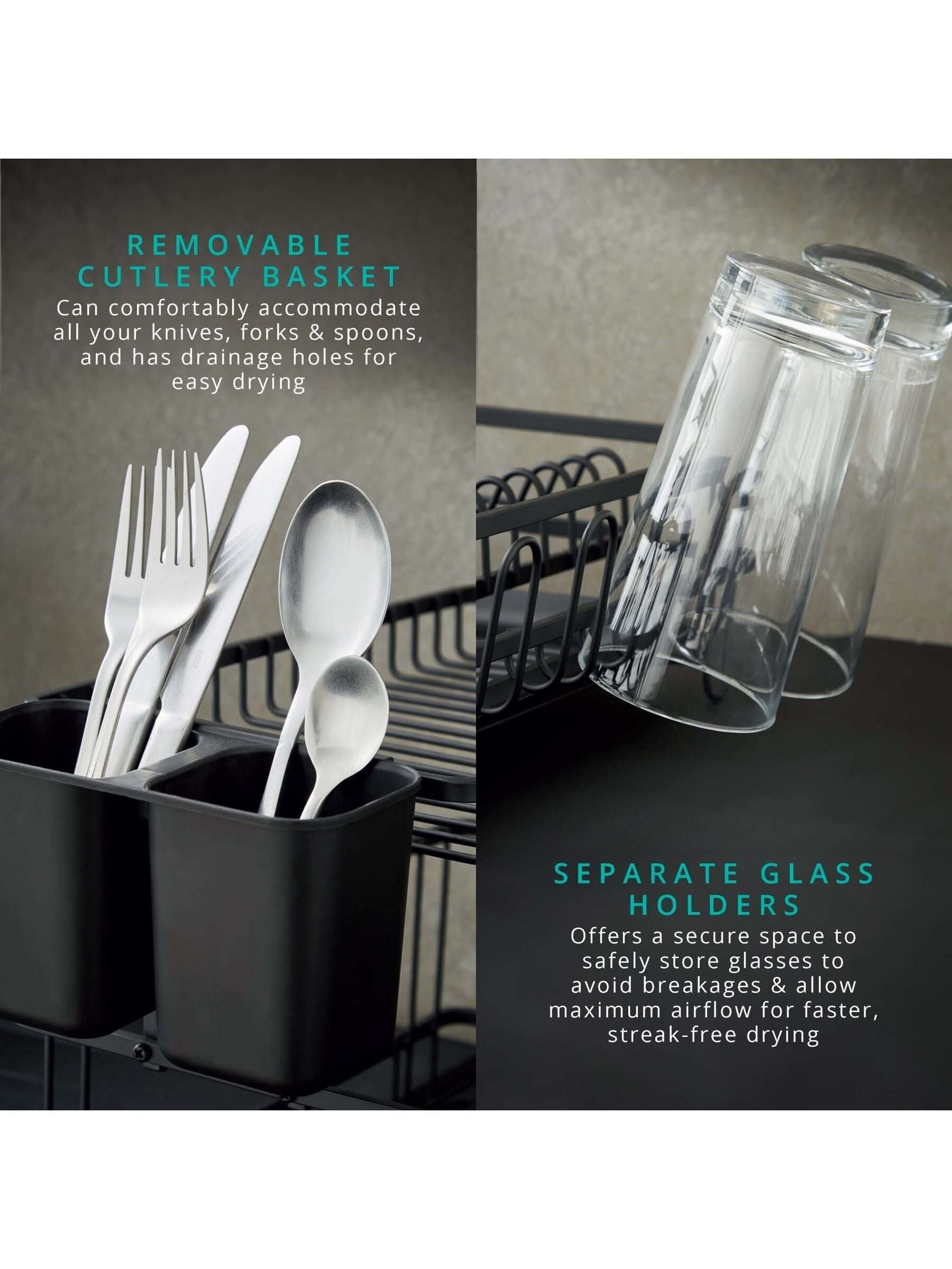 Swan black 15 plate dish rack with cutlery holder (British brand)