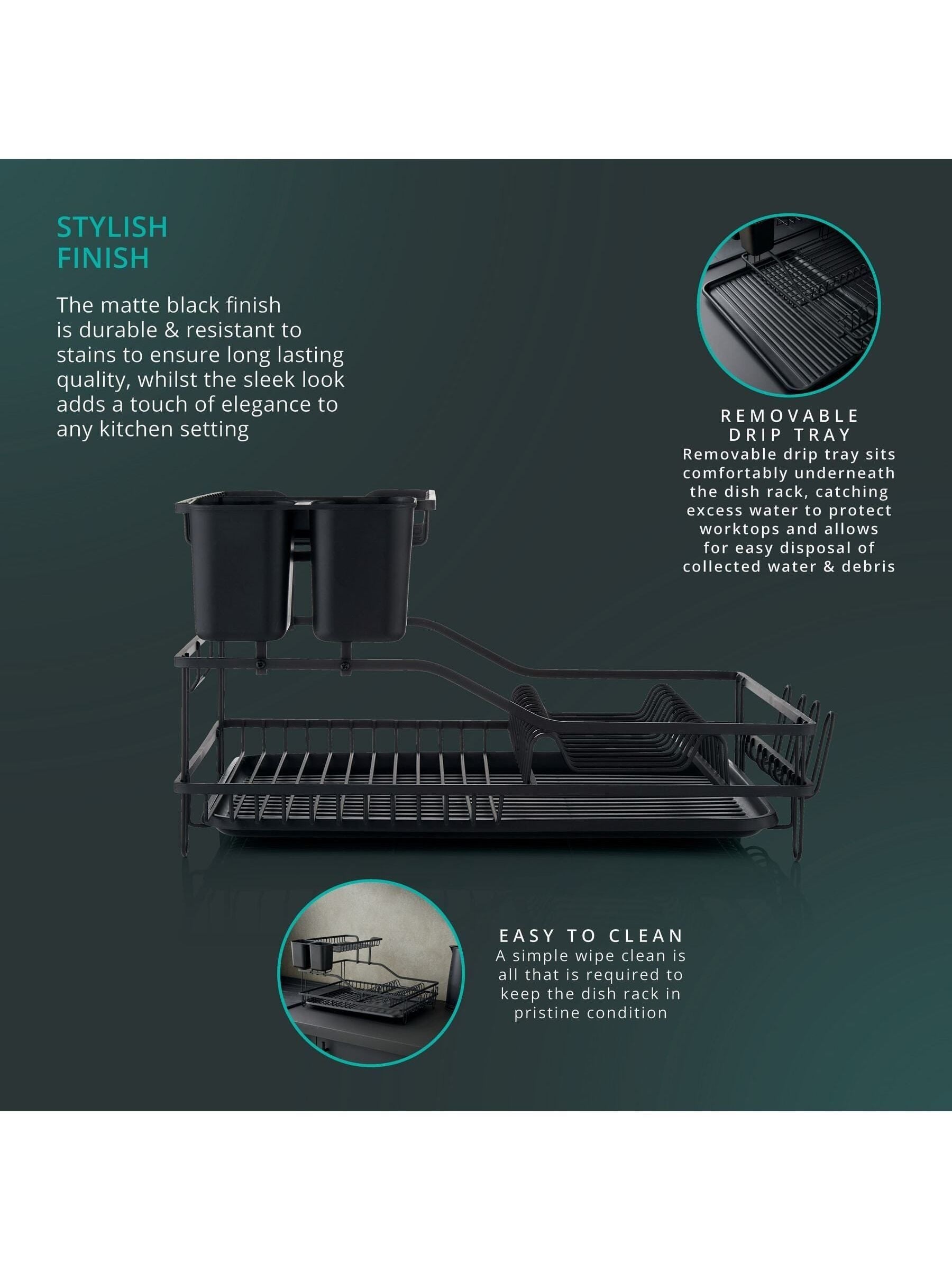 Swan black 15 plate dish rack with cutlery holder (British brand)