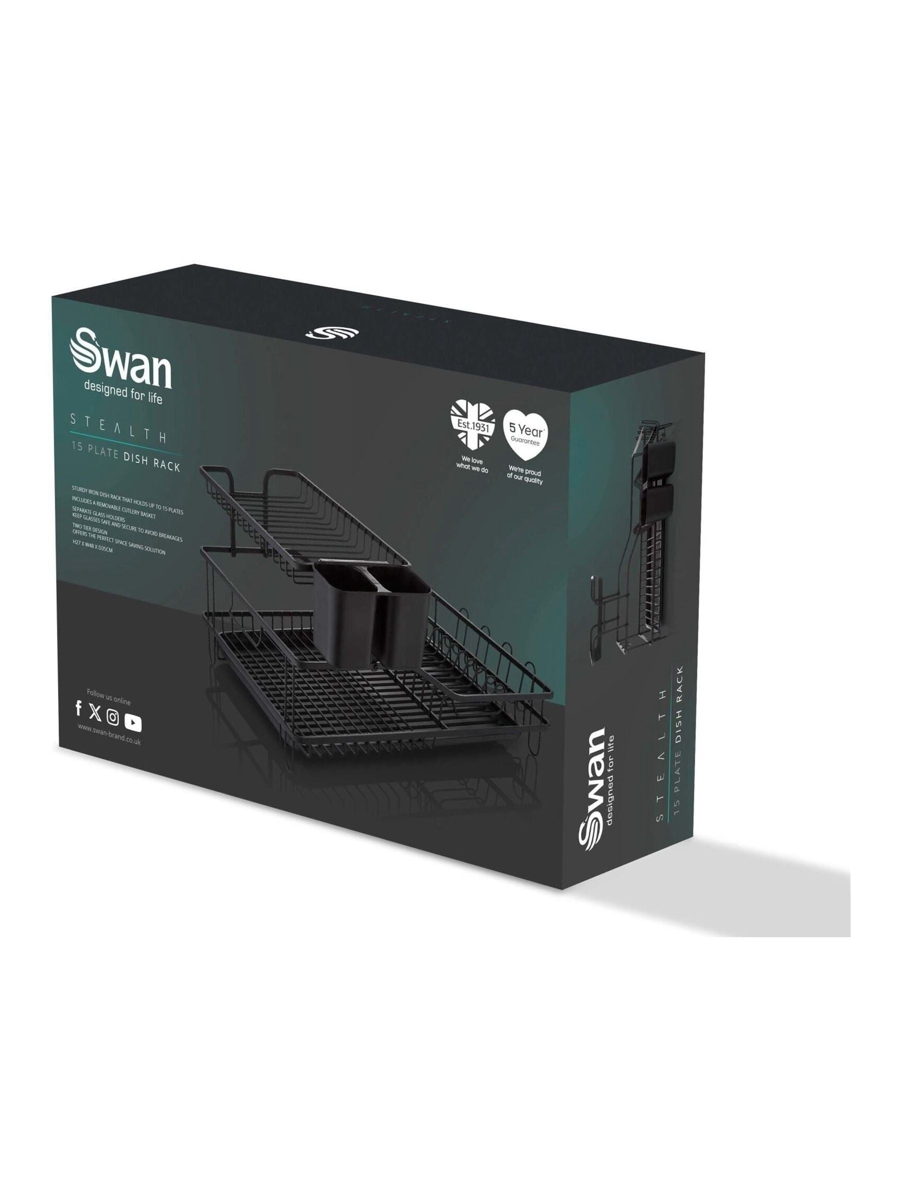 Swan black 15 plate dish rack with cutlery holder (British brand)