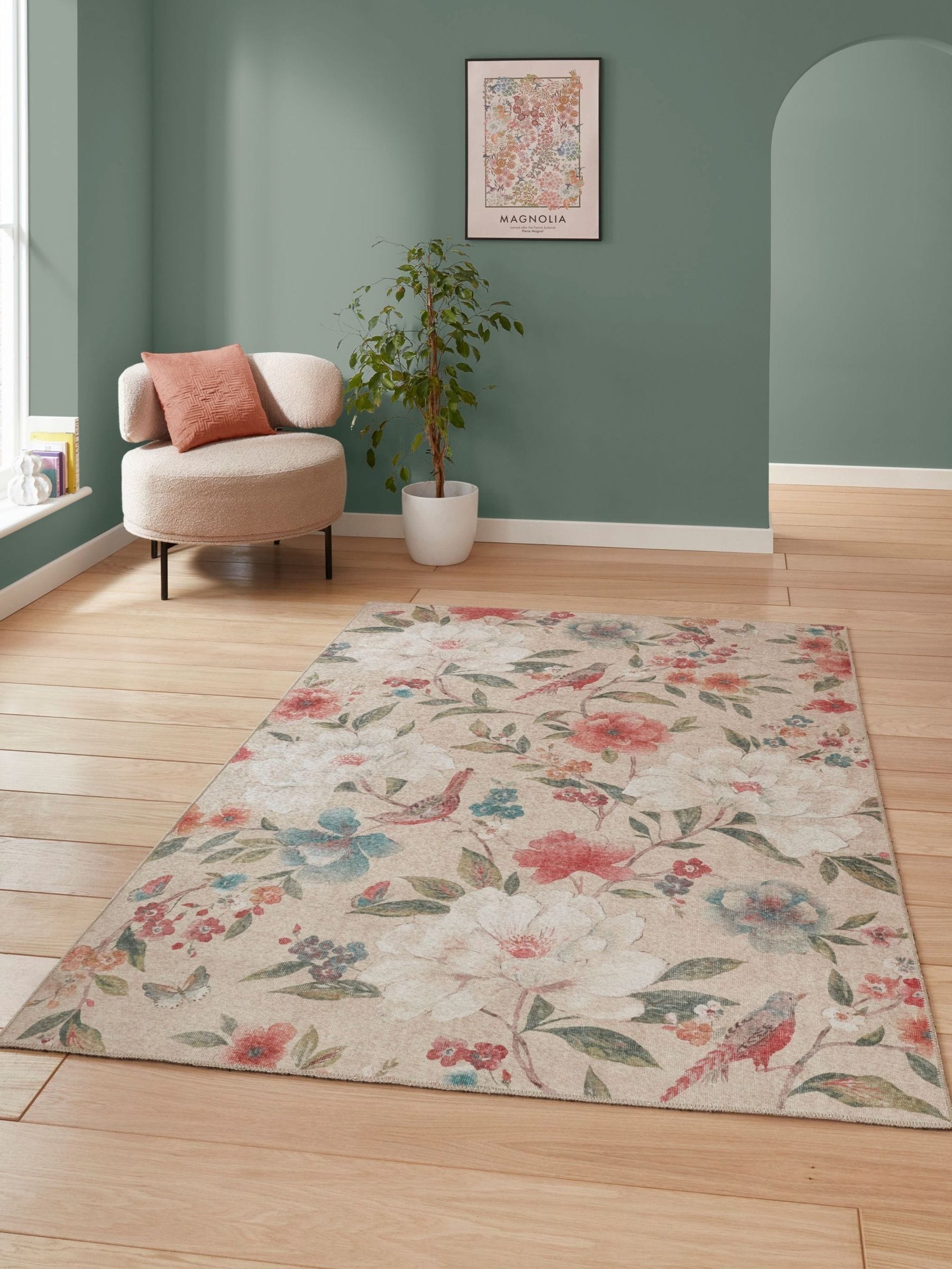 Catherine Lansfield Pipa Floral rug, machine-washable polyester (British brand)