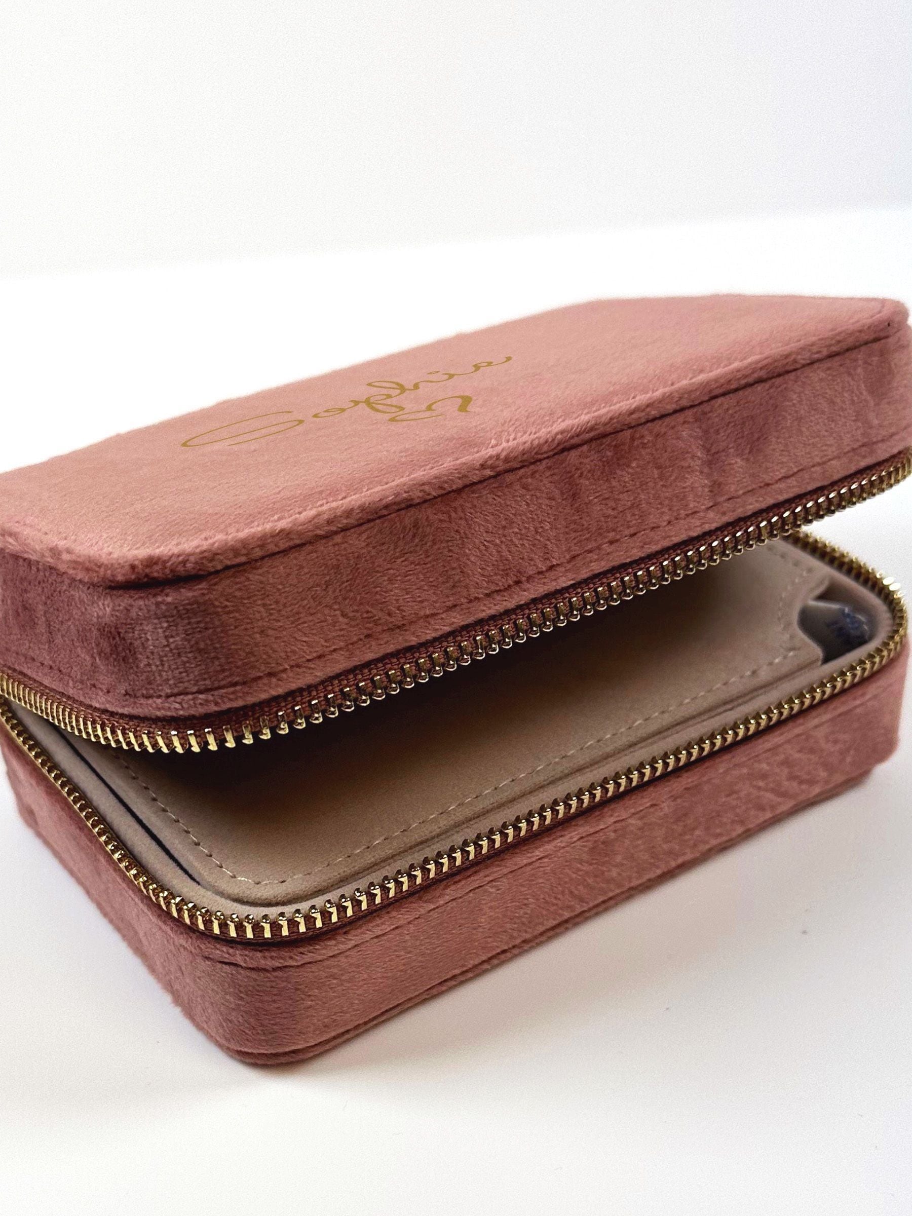 Loveabode pink personalised velvet travel jewellery box, UK version