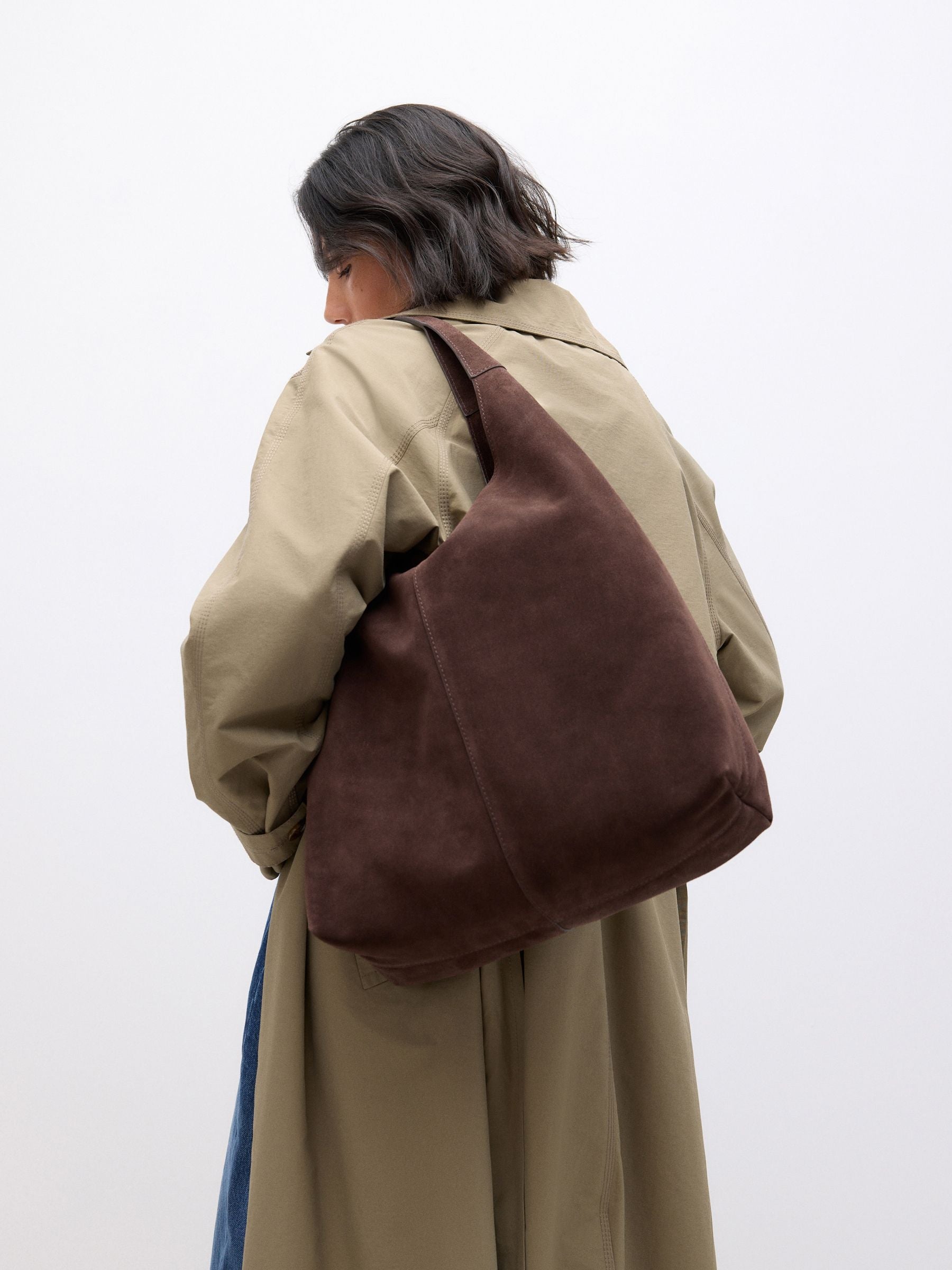Chocolate brown suede slouchy shoulder bag, UK version