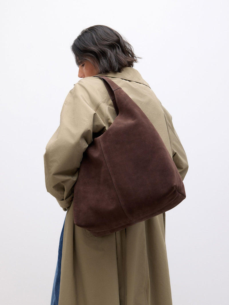 Chocolate brown suede slouchy shoulder bag, UK version