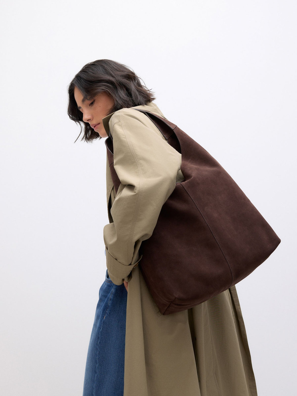 Chocolate brown suede slouchy shoulder bag, UK version