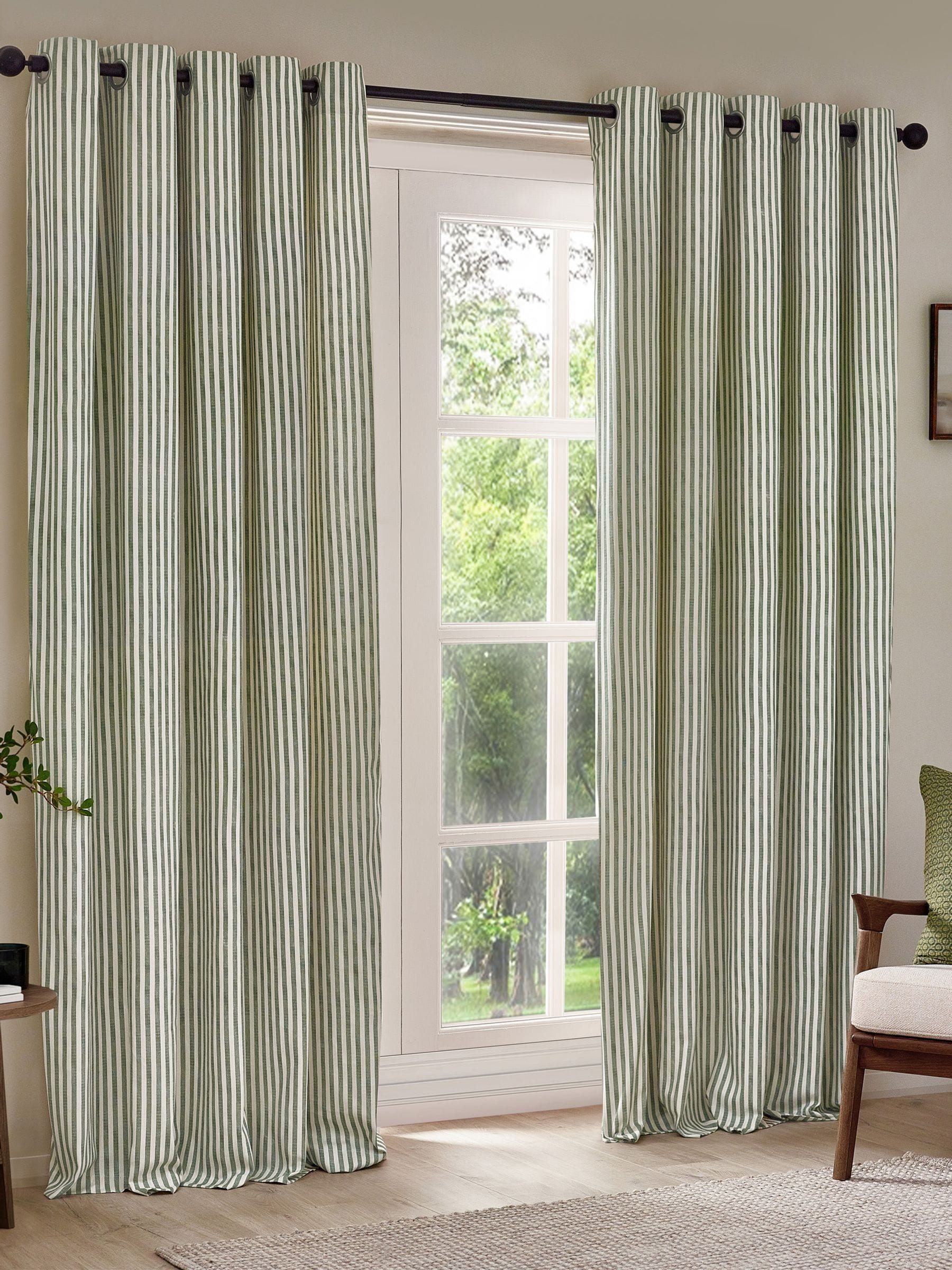Yard Forest Green Hebden Striped Lined Eyelet Curtains