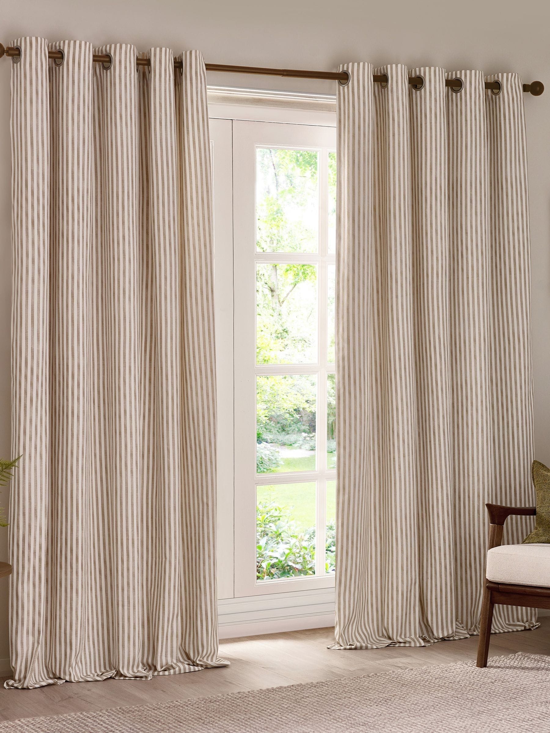 Yard Natural Hebden striped cotton eyelet curtains, imported from the UK