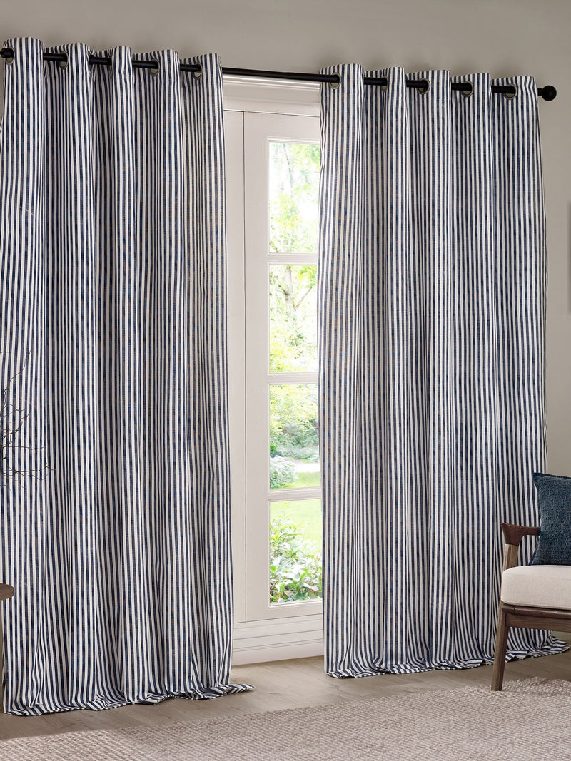 Yard Navy Blue Hebden Striped Lined Eyelet Curtains