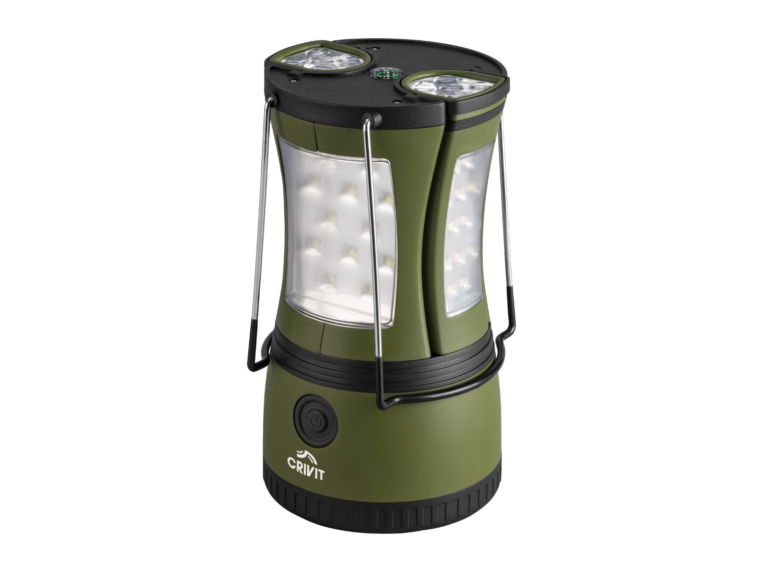 Green 2-in-1 camping lamp with torches and compass, imported from the UK