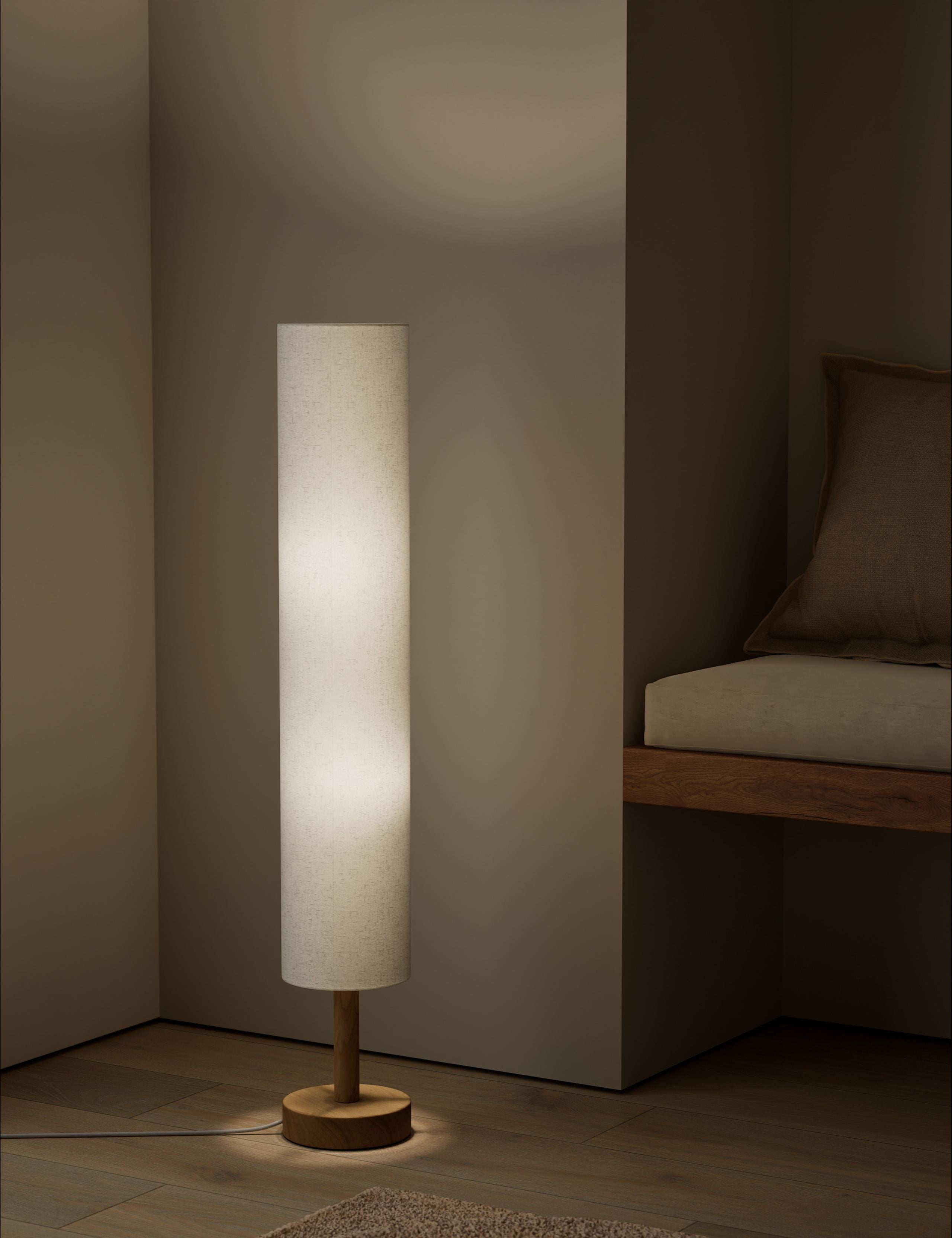 Fabric cylinder floor lamp with wood base 125 cm - British product