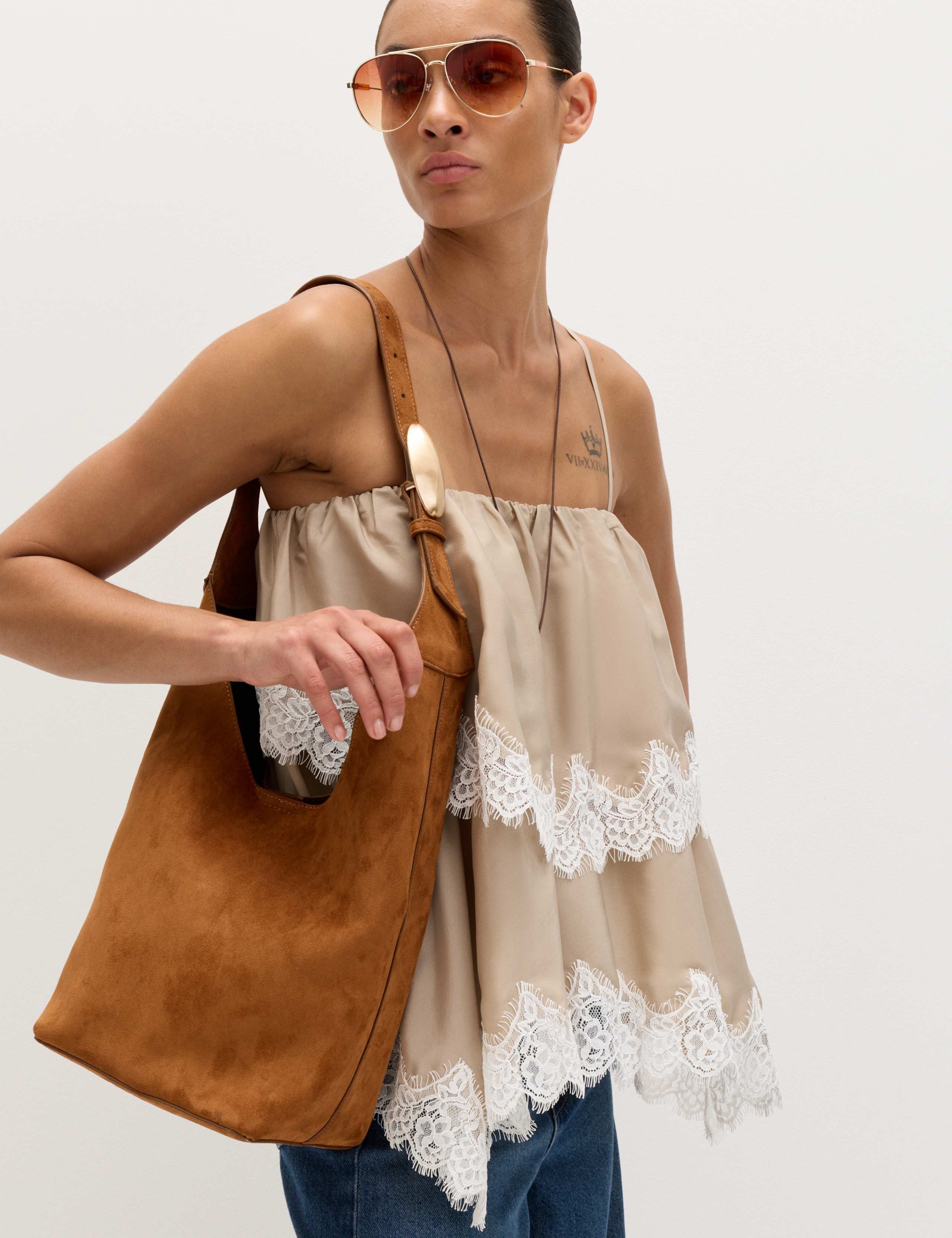 M&S faux suede shoulder bag with gold-tone hardware (British brand)