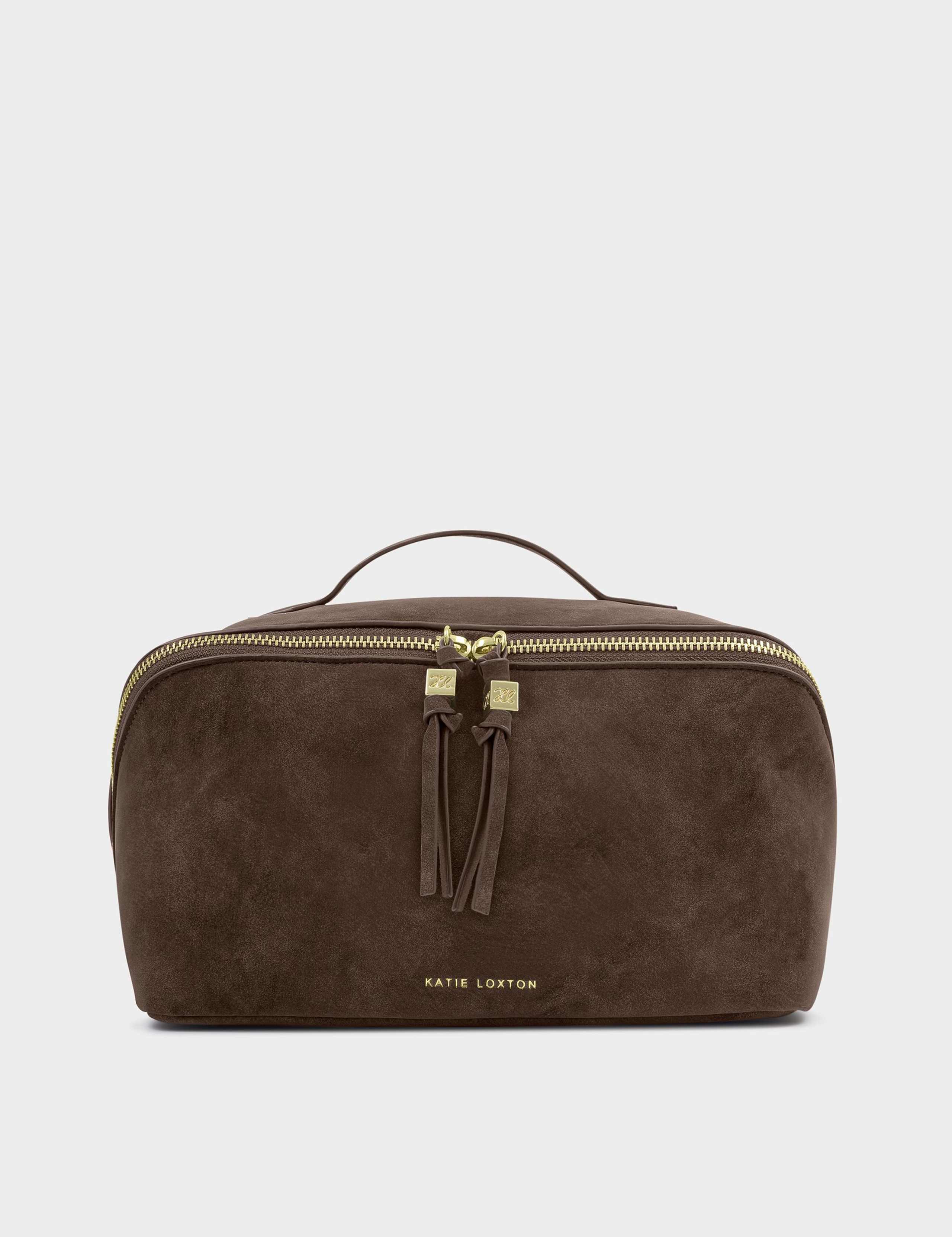 Katie Loxton faux suede toiletry bag large flat lay, UK version