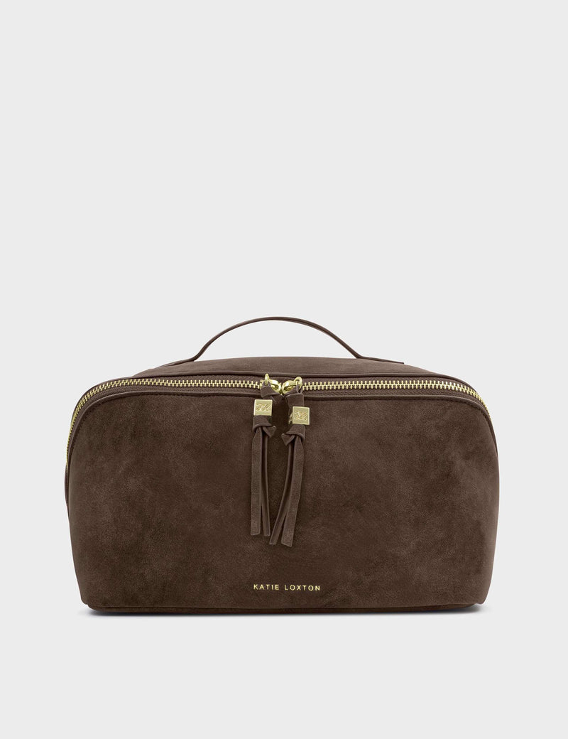 Katie Loxton faux suede toiletry bag large flat lay, UK version