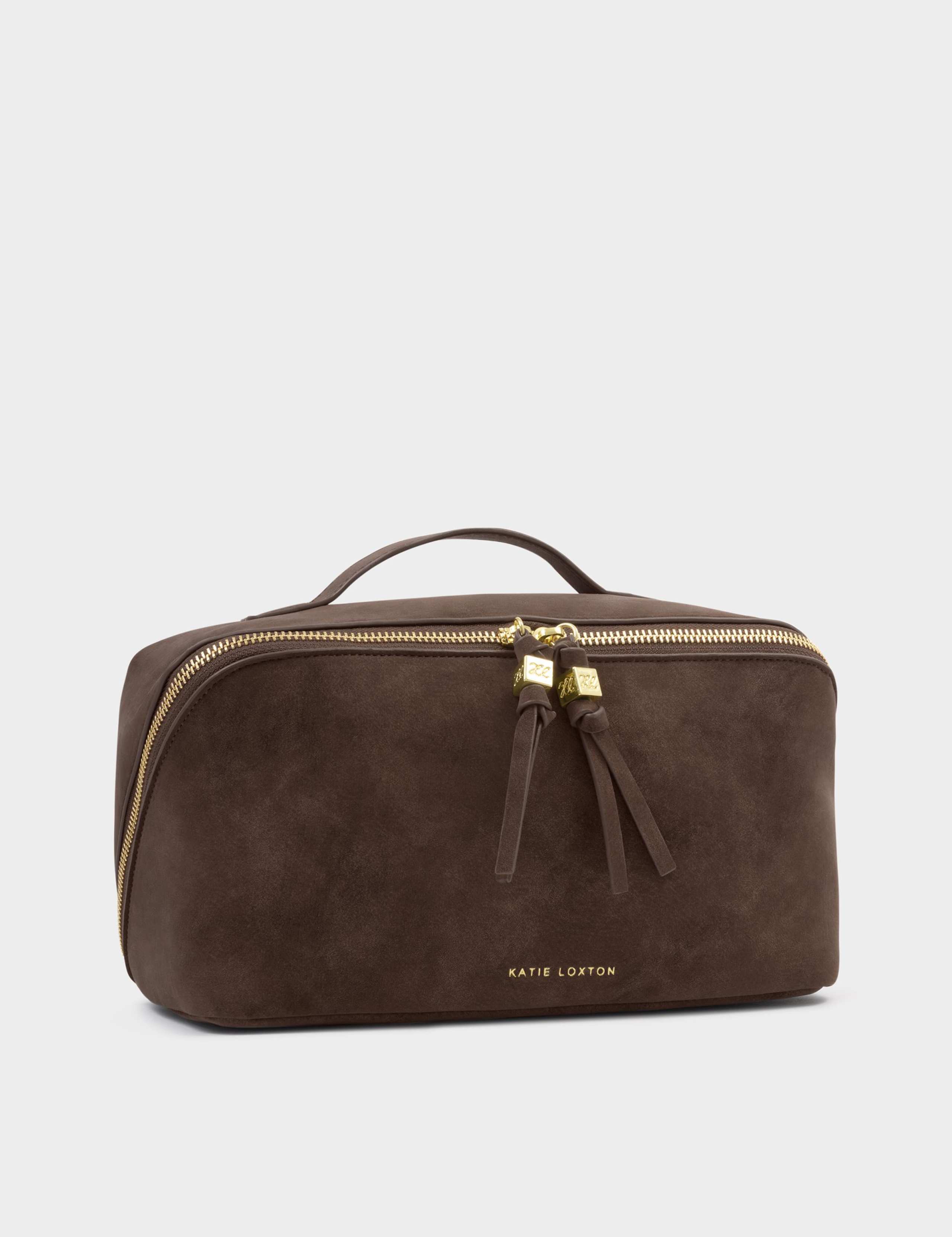 Katie Loxton faux suede toiletry bag large flat lay, UK version