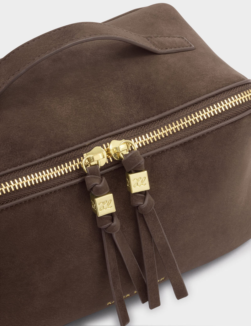 Katie Loxton faux suede toiletry bag medium flat lay (British brand)