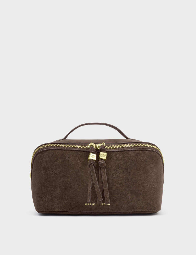 Katie Loxton faux suede toiletry bag medium flat lay (British brand)