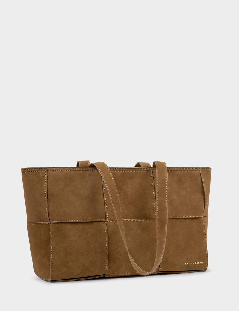 Katie Loxton faux suede woven panel tote bag, imported from the UK