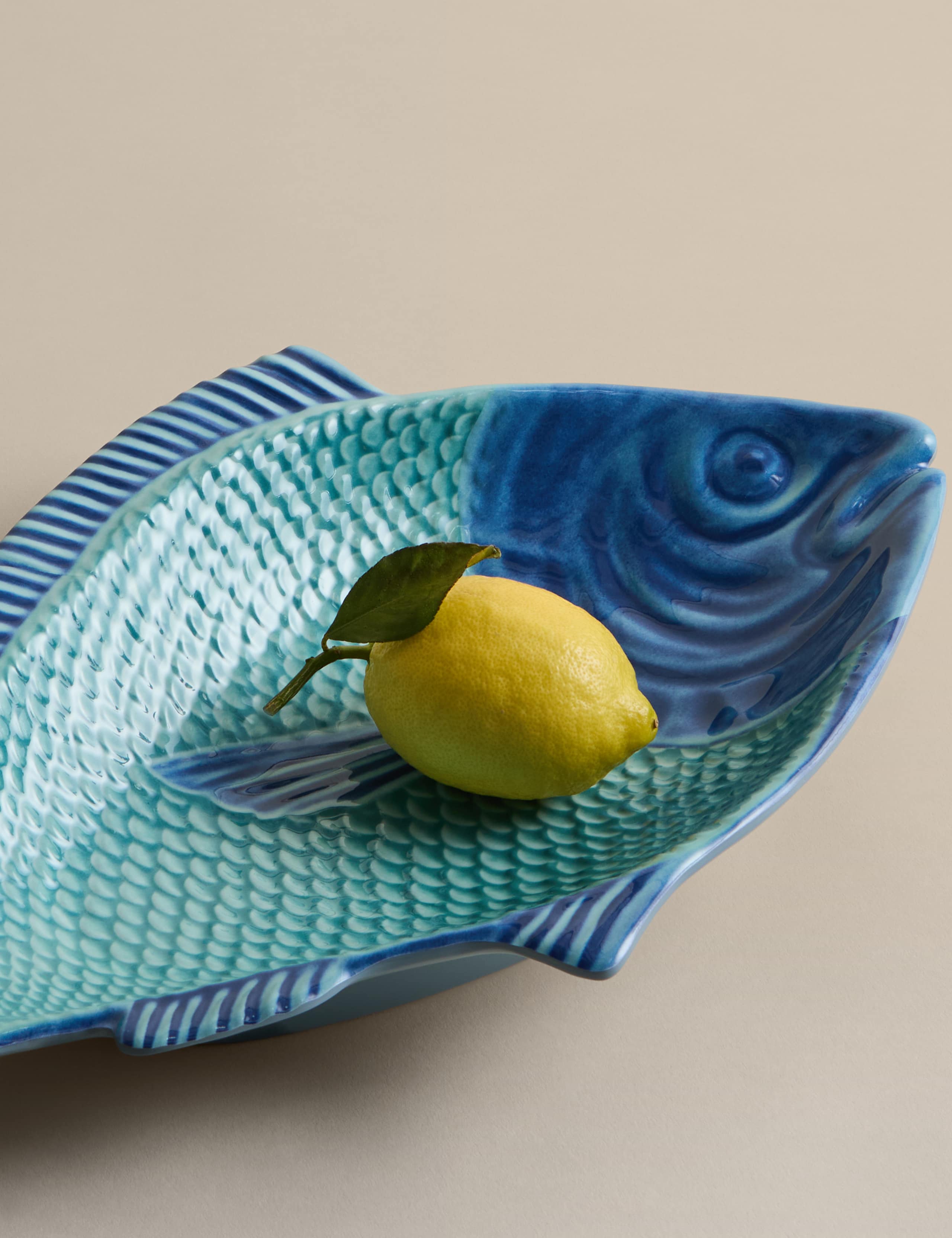 Fish-shaped melamine picnic platter with textured details - British product