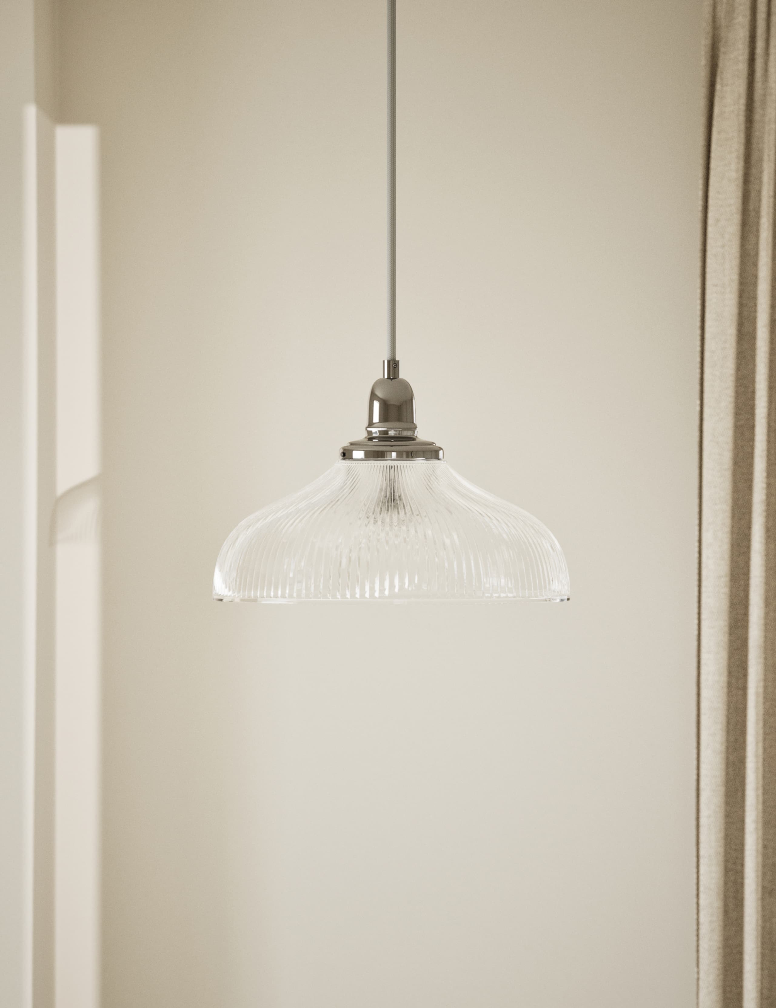 Florence single pendant light with ribbed glass shade and antique brass finish (British brand)