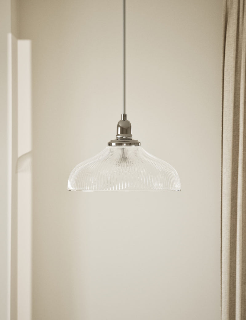Florence single pendant light with ribbed glass shade and antique brass finish (British brand)