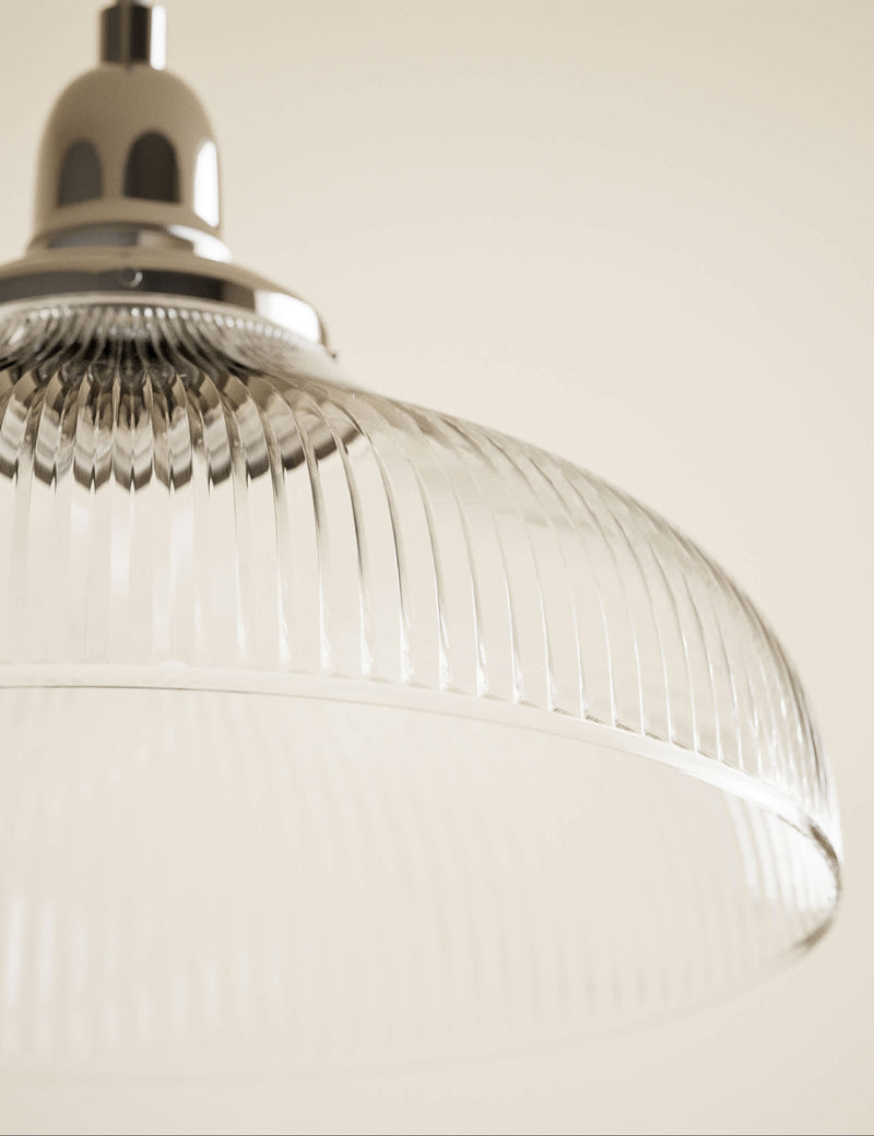 Florence single pendant light with ribbed glass shade and antique brass finish (British brand)