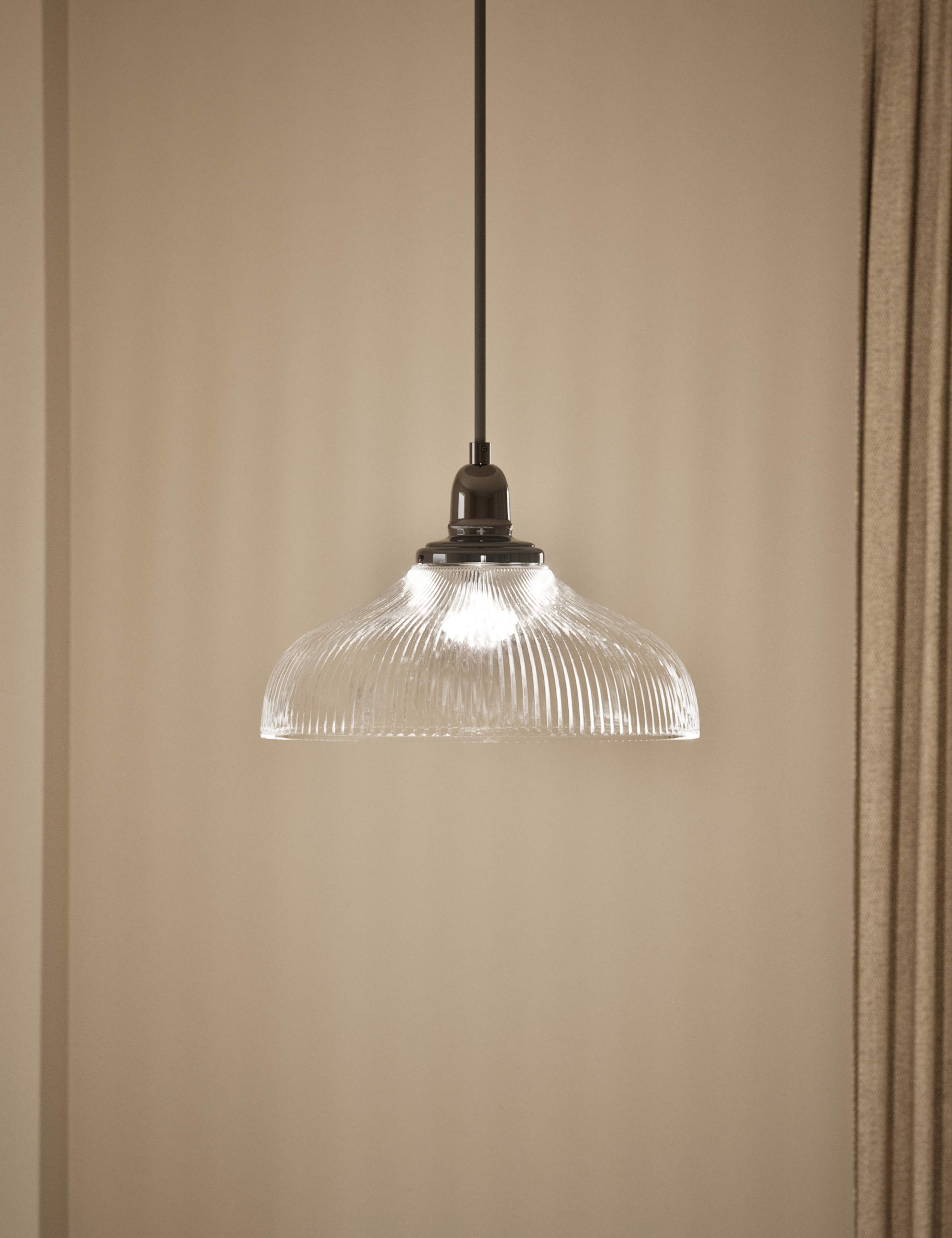 Florence single pendant light with ribbed glass shade and antique brass finish (British brand)