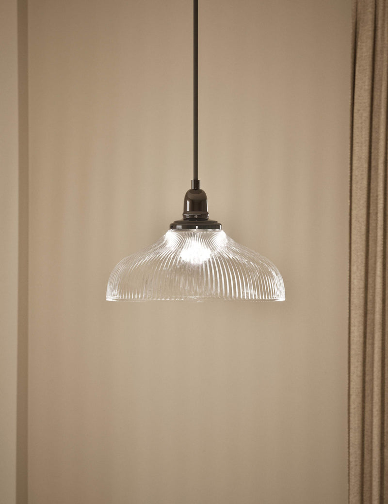 Florence single pendant light with ribbed glass shade and antique brass finish (British brand)