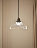 Florence single pendant light with ribbed glass shade and antique brass finish (British brand)