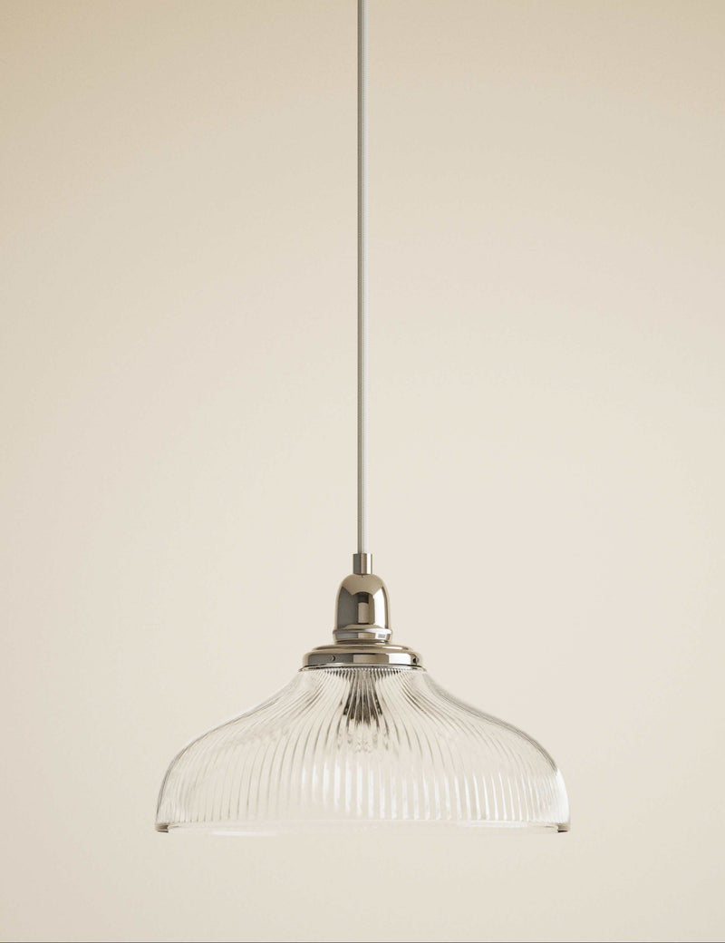 Florence single pendant light with ribbed glass shade and antique brass finish (British brand)