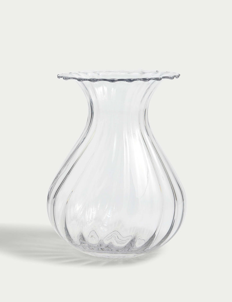 Fluted glass vase with wavy rim 25cm height - British product
