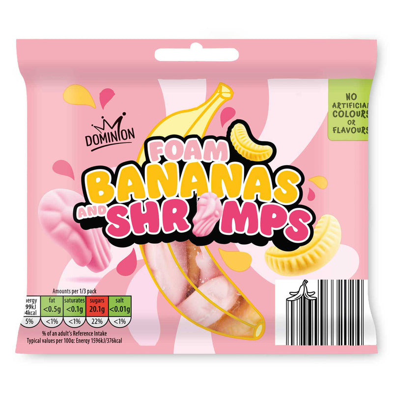 Foam banana and shrimp sweets with fruit flavour, imported from the UK