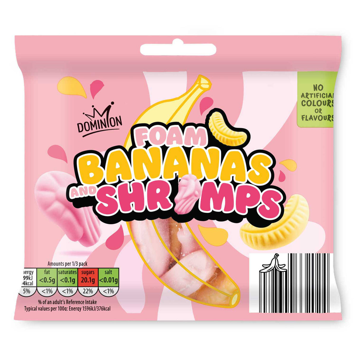 Foam banana and shrimp sweets with fruit flavour, imported from the UK