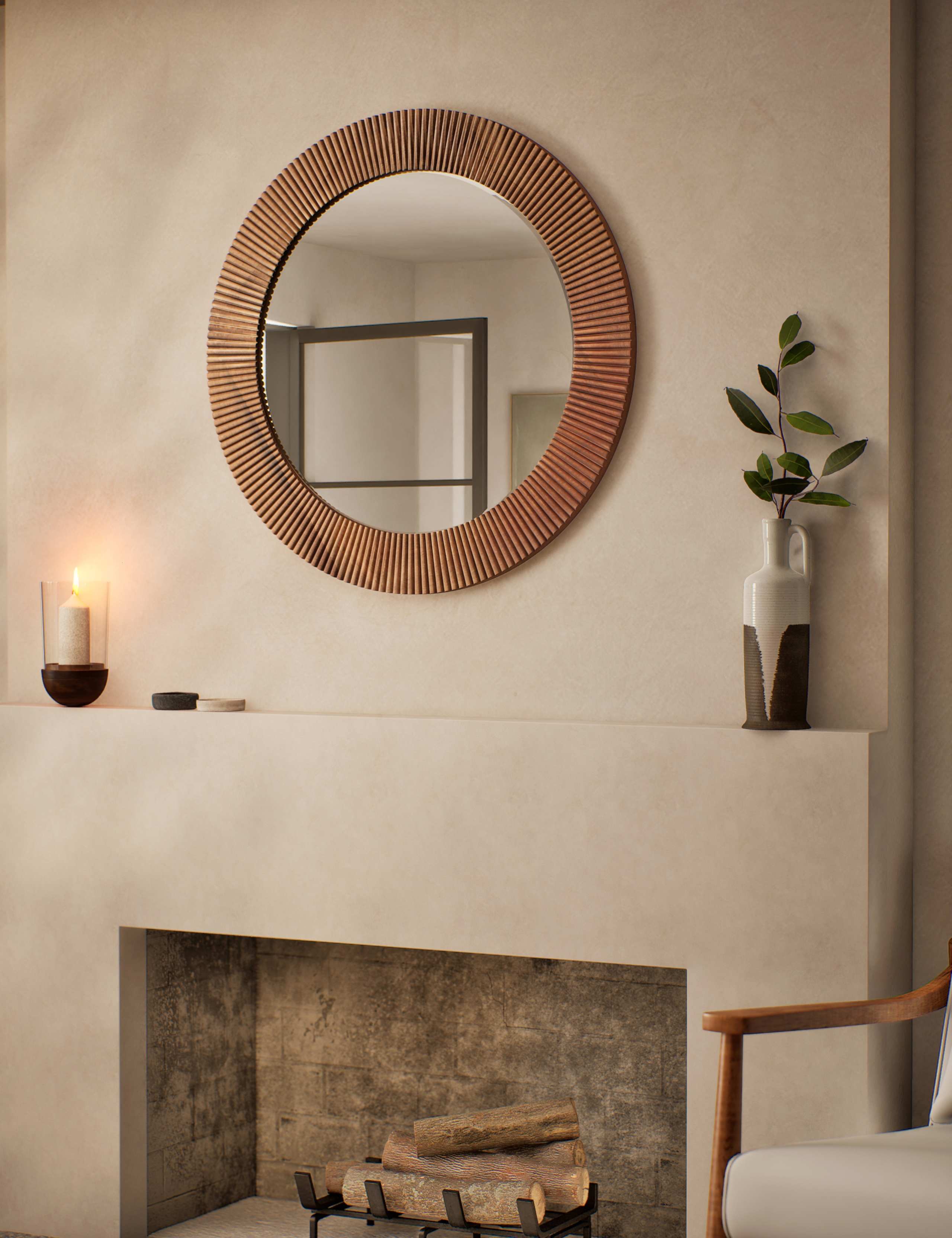 Round wall mirror with wooden frame, 80 cm diameter - British product